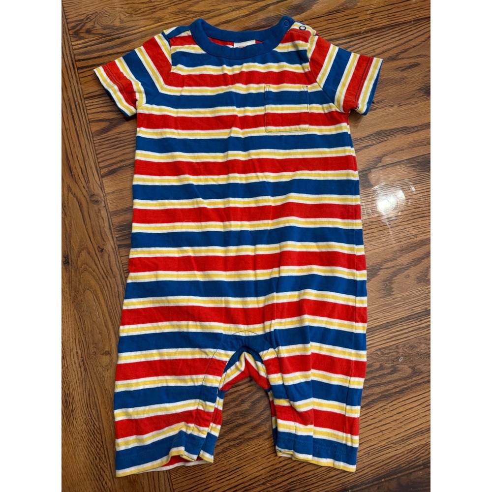 Hanna Andersson Romper Toddler 2T Blue Red Yellow Stripe Short Sleeve Pocket